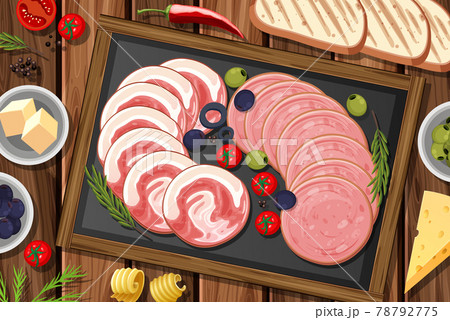 Platter of cold meats and smoked meats on the table background Platter of cold meats and smoked meats on the table background 78792775