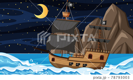 Ocean with Pirate ship at night scene in cartoon style Ocean with Pirate ship at night scene in cartoon style 78793003