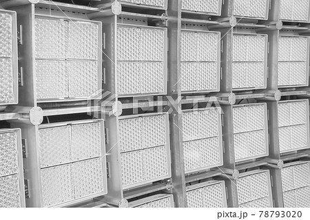 Close-up view of a giant LED wall for testing solar power systems in a large laboratory, Black and white, bw 78793020