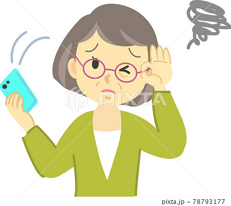 イラスト素材 眼鏡を掛けたおばあさんが携帯電話が老眼で見えづらくなって困った表情をする場面 老眼鏡のイラスト素材