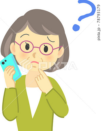 イラスト素材 眼鏡を掛けたおばあさんが携帯電話が老眼で見えづらくなって困った表情をする場面 老眼鏡のイラスト素材