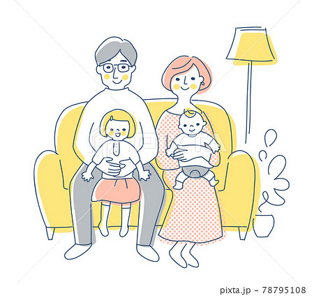 ソファに座っている4人家族のイラスト素材