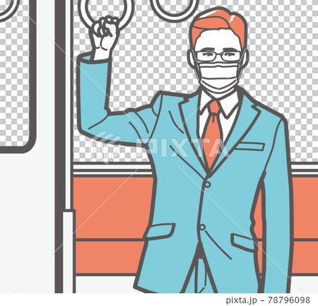 A man in a mask holding on to a strap inside the train A man in a mask holding on to a strap inside the train 78796098