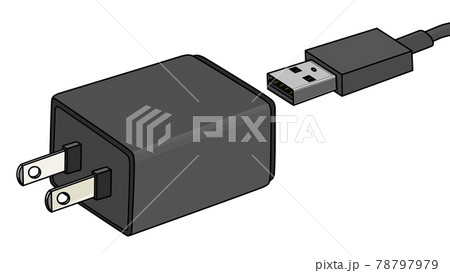 黒色のacアダプタとusbケーブルのイラスト素材