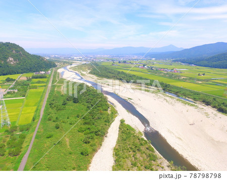 阿賀川のほとり〜ドローンで空撮（福島県大沼郡会津美里町大石字家ノ下） 78798798