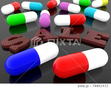 Concept of sale between medical capsules on a black background Concept of sale between medical capsules on a black background 78801472