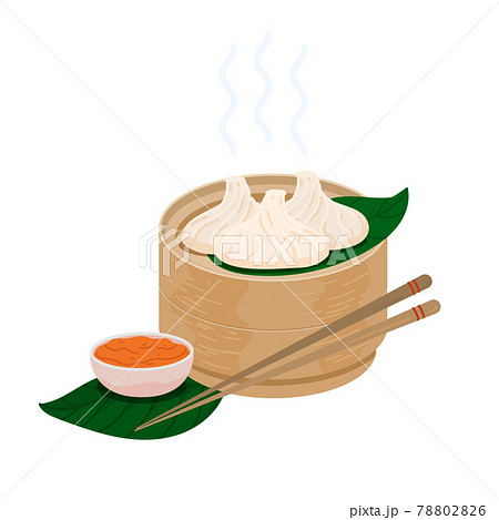 Steamed momo dumplings with red chile sauce in a wooden basket. Vector tibetan momos 78802826