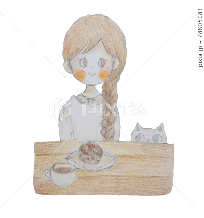 ケーキを食べる女の子と猫のイラスト素材