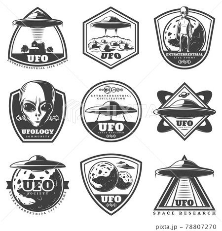 Vintage Monochrome Ufo Labels Setのイラスト素材