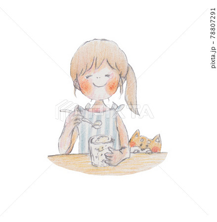クリームソーダを食べる女の子と犬のイラスト素材