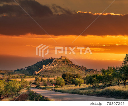Castle and walls on top of the hill with road 78807293