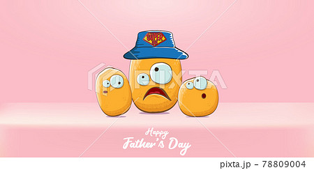 happy fathers day horizontal banner with cartoon father potato and son potato. cartoon funny comic fathers day vector label or icon isolated on soft pastel pink background 78809004