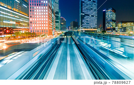 POV train motion blurred concept from the Yuikamome monorail in Tokyo, Japan 78809627