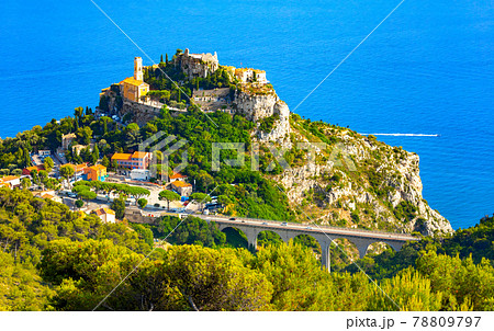 View of mountain top village Eze in Provence, France. 78809797