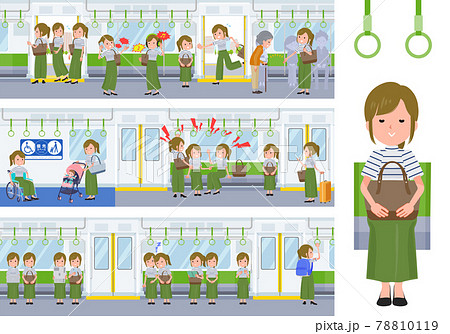 電車に乗るカジュアルファッション女性のセット 電車に乗るカジュアルファッション女性のセット 78810119