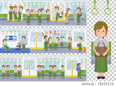 電車に乗るカジュアルファッション女性のセット 電車に乗るカジュアルファッション女性のセット 78810119