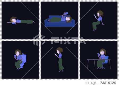 一組在黑暗中使用智能手機的休閒時尚女性 一組在黑暗中使用智能手機的休閒時尚女性 78810120