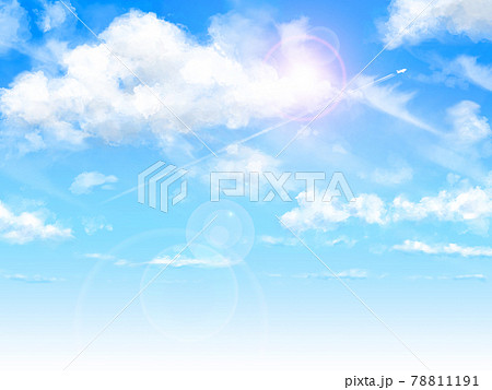 夏の青空と雲と飛行機雲のイラスト素材