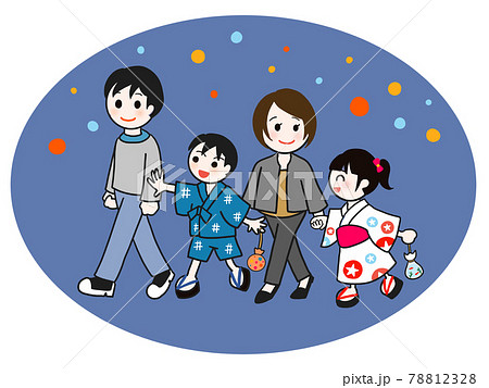 夏祭りを楽しむ4人家族のイラストのイラスト素材