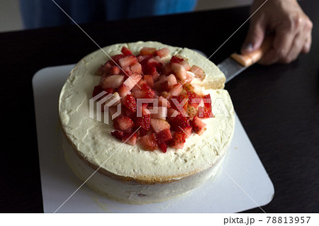 a cut of Strawberry cake with vanilla cream a cut of Strawberry cake with vanilla cream 78813957