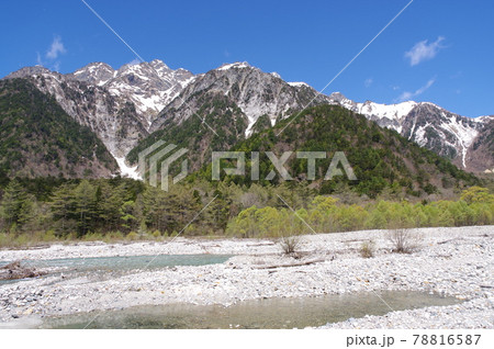 上高地から見た北アルプス（穂高岳、穂高連峰）　撮影場所：徳沢から横尾（長野県、上高地） 78816587