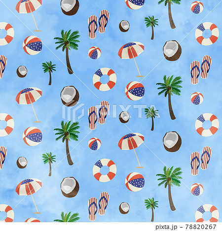 アメリカ国旗柄の夏のビーチセットパターン 水色バックverのイラスト素材