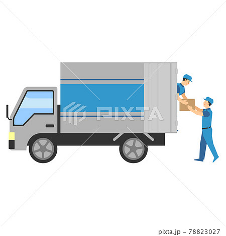 運搬用のトラックと荷物を運ぶ配達業者2人のイラストのイラスト素材 7027