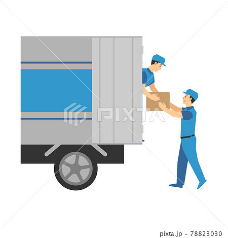 運搬用のトラックと荷物を運ぶ配達業者2人のイラストのイラスト素材 7030