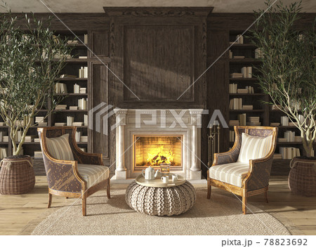 Scandinavian farmhouse style living room interior book library with fireplace. Mock up. 3d render illustration. 78823692