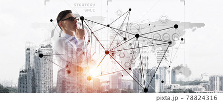 Concept of business success and control with confident boss against cityscape background Concept of business success and control with confident boss against cityscape background 78824316
