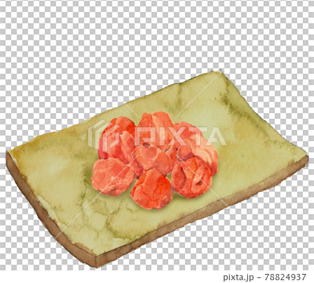 Umeboshi on a square plate [Hand-painted watercolor] White background 78824937