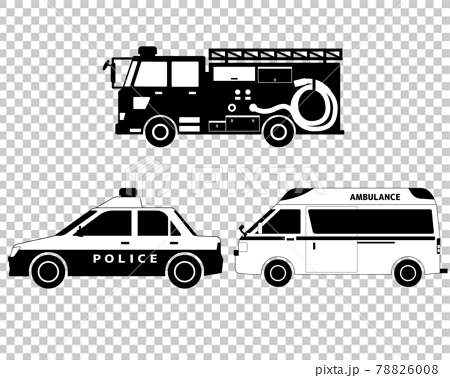 緊急車両 消防車 パトカー 救急車 白黒シルエットのイラスト素材