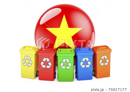 Waste recycling in Vietnam. Colored recycling bins with Vietnamese flag, 3D rendering Waste recycling in Vietnam. Colored recycling bins with Vietnamese flag, 3D rendering 78827177