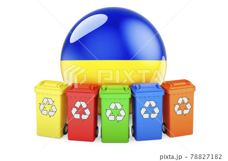 Waste recycling in Ukraine. Colored recycling bins with Ukrainian flag, 3D rendering 78827182