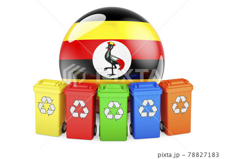 Waste recycling in Uganda. Colored recycling bins with Ugandan flag, 3D rendering 78827183