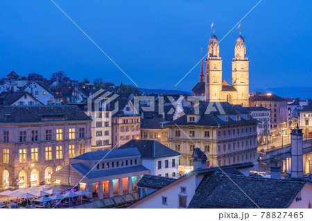Aerial view of historic Zurich city center with famous Grossmunster Church and river Limmat from Lindenhof park, Zurich, Switzerland Aerial view of historic Zurich city center with famous Grossmunster Church and river Limmat from Lindenhof park, Zurich, Switzerland 78827465