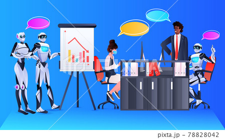 robots with african american businessman analyzing financial statistics data on flip chart artificial intelligence 78828042