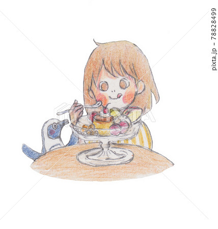 プリンアラモードを食べる女の子とペンギンのイラスト素材 7499