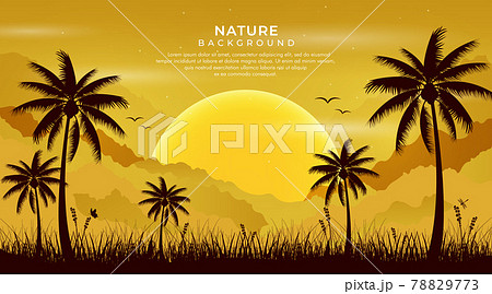 Nature landscape vector background. Landscape with mountains and sunrise. Mountainous terrain with coconut tree. Minimalist hand drawn vector style. Vector illustration 78829773