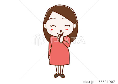 全身 正面 内緒だよの指を口に当てて笑顔になる女性のイラスト素材