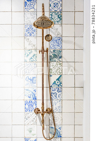 Interior of modern shower head in bathroom at home.Modern design of bathroom. Interior of modern shower head in bathroom at home.Modern design of bathroom. 78834231