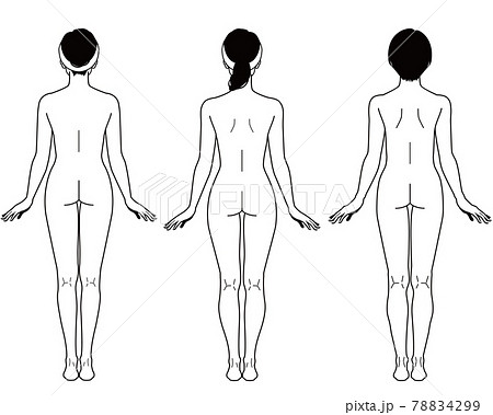 骨格診断 裸の女性の後ろ姿のイラスト 白黒のイラスト素材