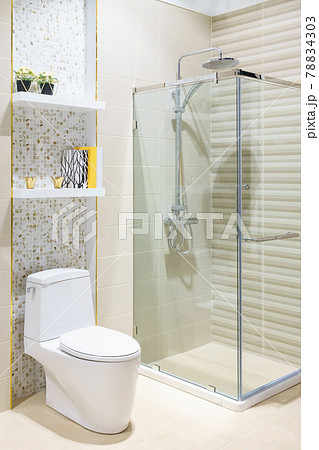 Spacious and bright modern bathroom interior with white walls, a shower cabin with glass wall, a toilet and faucet sink Spacious and bright modern bathroom interior with white walls, a shower cabin with glass wall, a toilet and faucet sink 78834303
