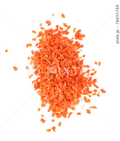 Dry carrot isolated on the white background. Chopped dried carrot. Spices and herbs. Top view. 78835789