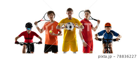 Multi sport collage. Football, tennis male players and cyclists, sportsmen isolated on white background. Flyer 78836227