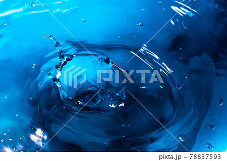 Drop of water. Blue water drop. Falling water. Water splash close-up. Rain close up. 78837593