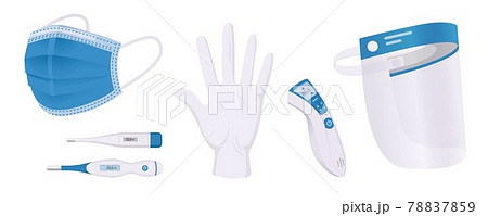 Personal protection. Cartoon medical mask and body temperature contactless thermometer. Protective transparent face shield. Disposable gloves. PPE for virus safety. Vector hospital set 78837859