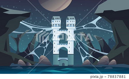 Fairy tale castle. Cartoon scary landscape with medieval stronghold. Historic towers and bridge over river. Ancient fortified building. Nighttime panorama. Vector frightening background Fairy tale castle. Cartoon scary landscape with medieval stronghold. Historic towers and bridge over river. Ancient fortified building. Nighttime panorama. Vector frightening background 78837881
