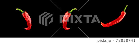 Red jalapeno set. Spicy chile cayenne pepper isolated. Red hot chili paprika collection on black background. Fresh spice vegetable concept. 78838741