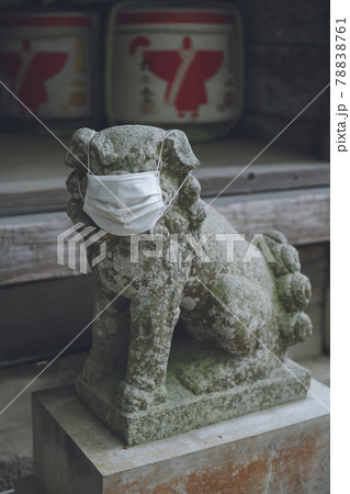 コロナ禍でマスクする狛犬 - 福岡県糸島市の櫻井神社 78838761